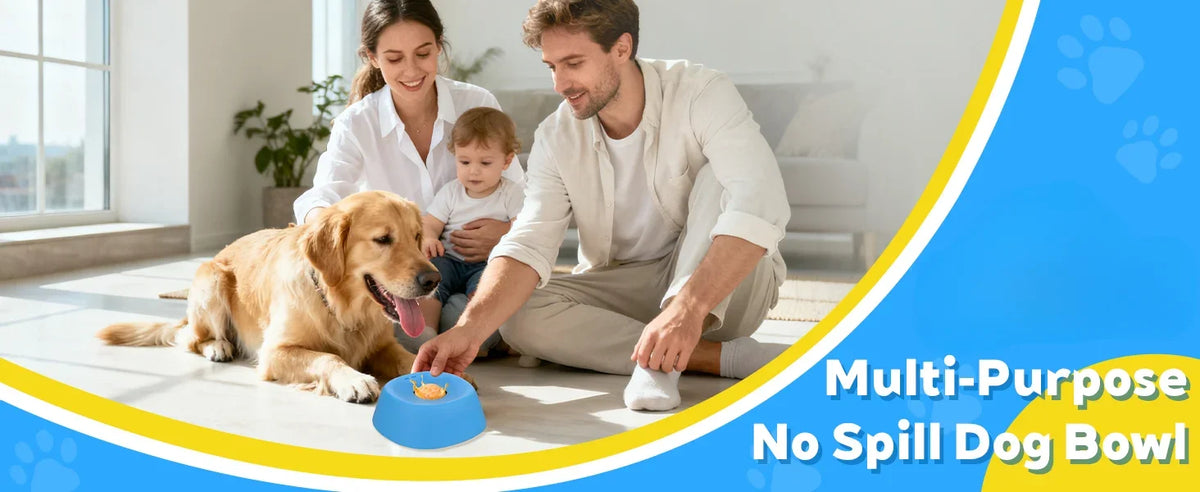 Family with a dog interacting with a blue pet bowl on a light wood floor.
