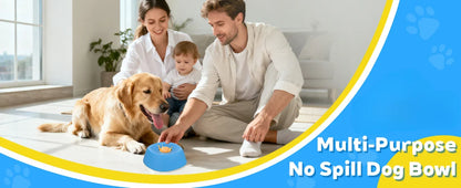 Family with a dog interacting with a blue pet bowl on a light wood floor.
