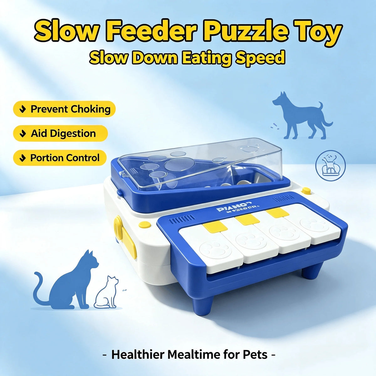 Blue and white pet slow feeder puzzle toy with a transparent lid and four white treat dispensing windows, shown on a light blue background with text and cat/dog silhouettes.