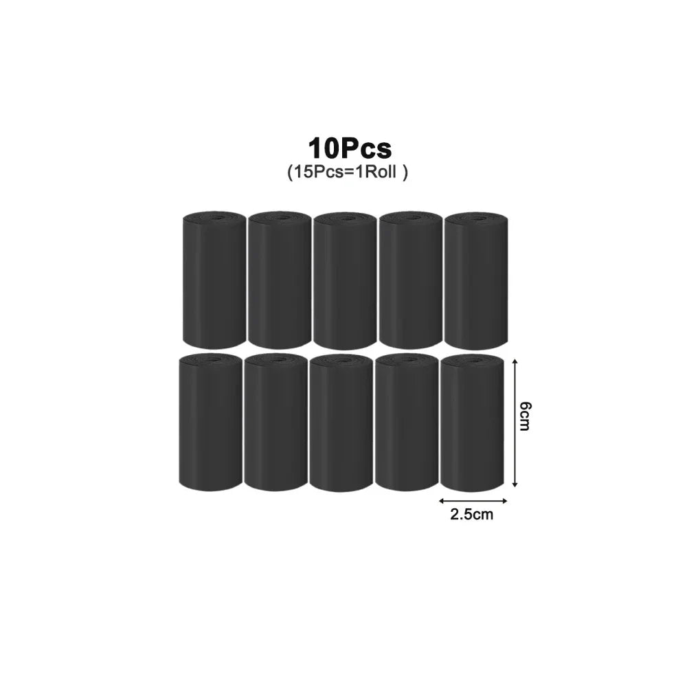 10 black cylindrical objects arranged in a row with measurements on a white background.