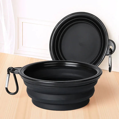 Black collapsible silicone dog bowl open and ready for food or water