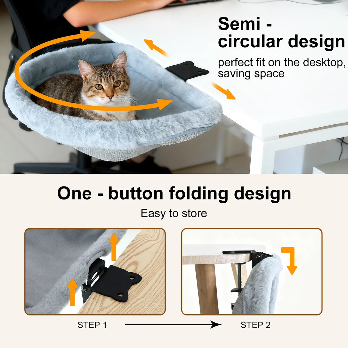 Cat desk bed with semi-circular design and one-button folding feature, shown on a desk.