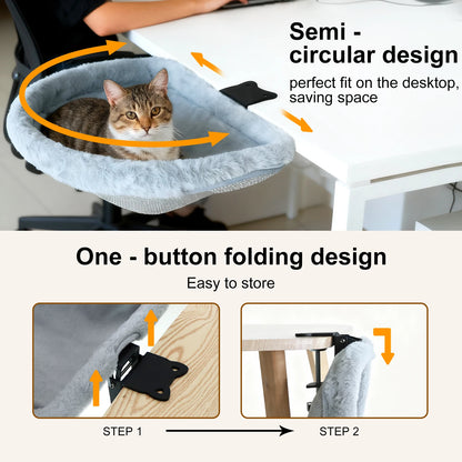 Cat desk bed with semi-circular design and one-button folding feature, shown on a desk.