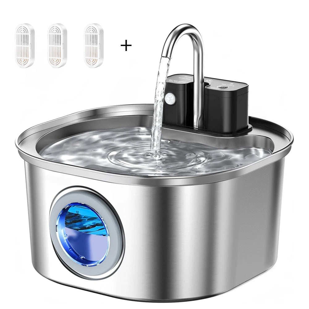 Stainless steel pet water fountain with water flowing, including two filters and a power adapter on a white background.