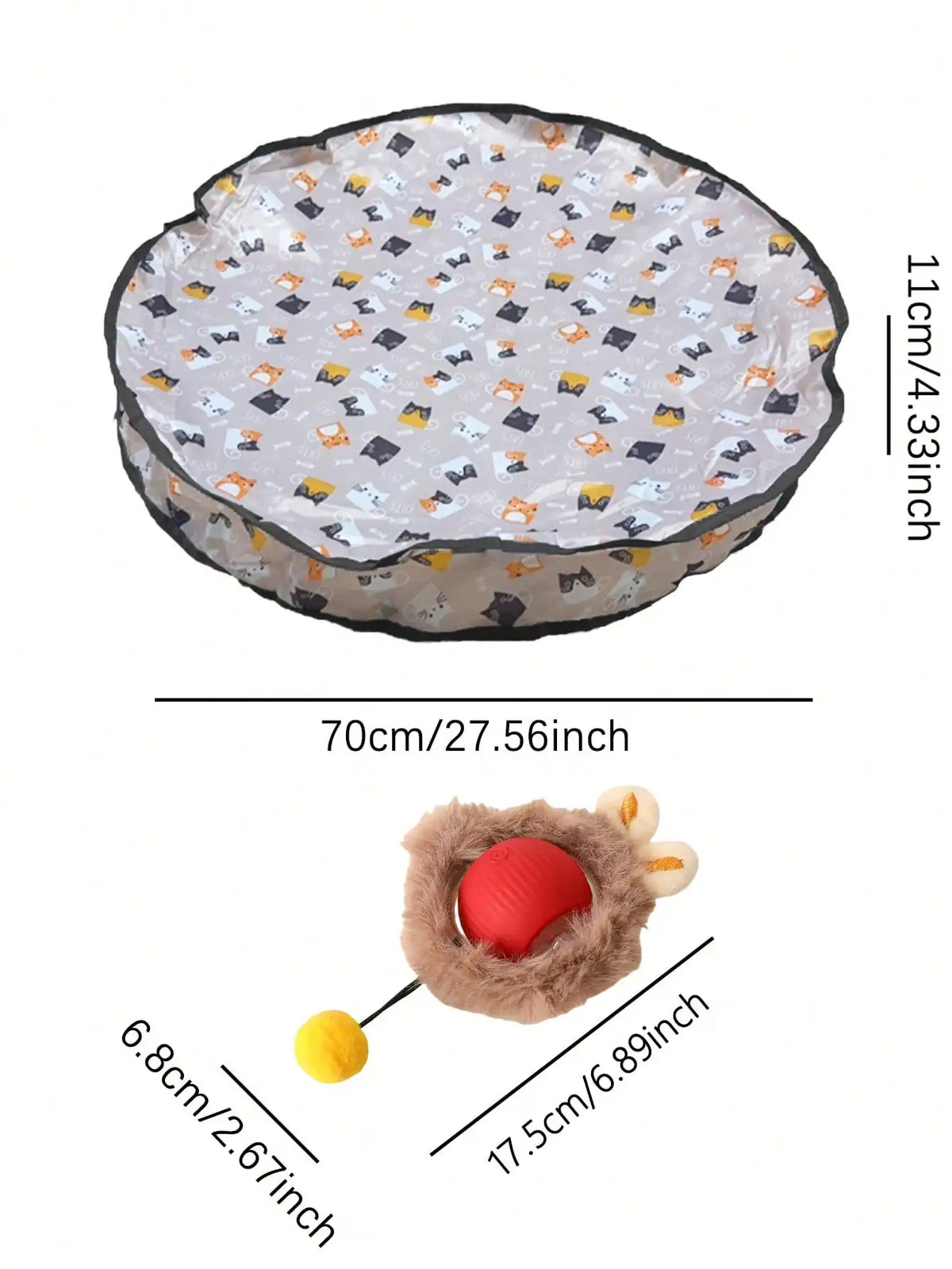 A pet bed and a small plush toy with measurement labels on a white background. The pet bed is round with a gray base and a scattered cat-face print in black, white, orange, and yellow, with dimensions shown around it.