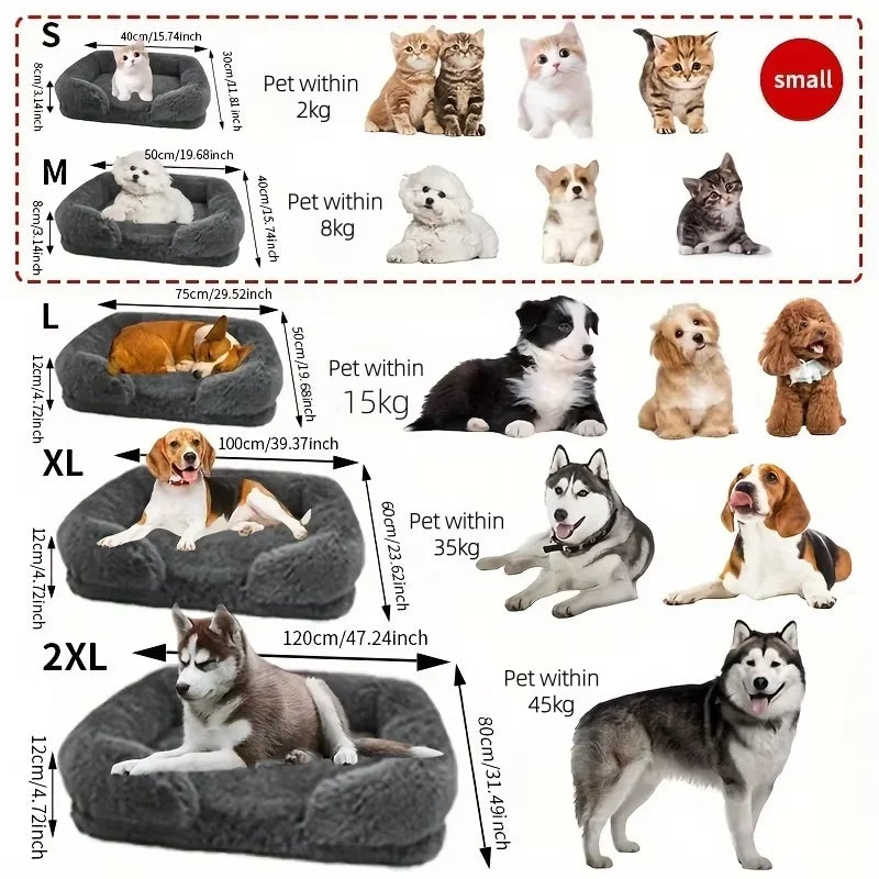Size chart for pet beds with various pets on and around the beds, showing different dimensions.