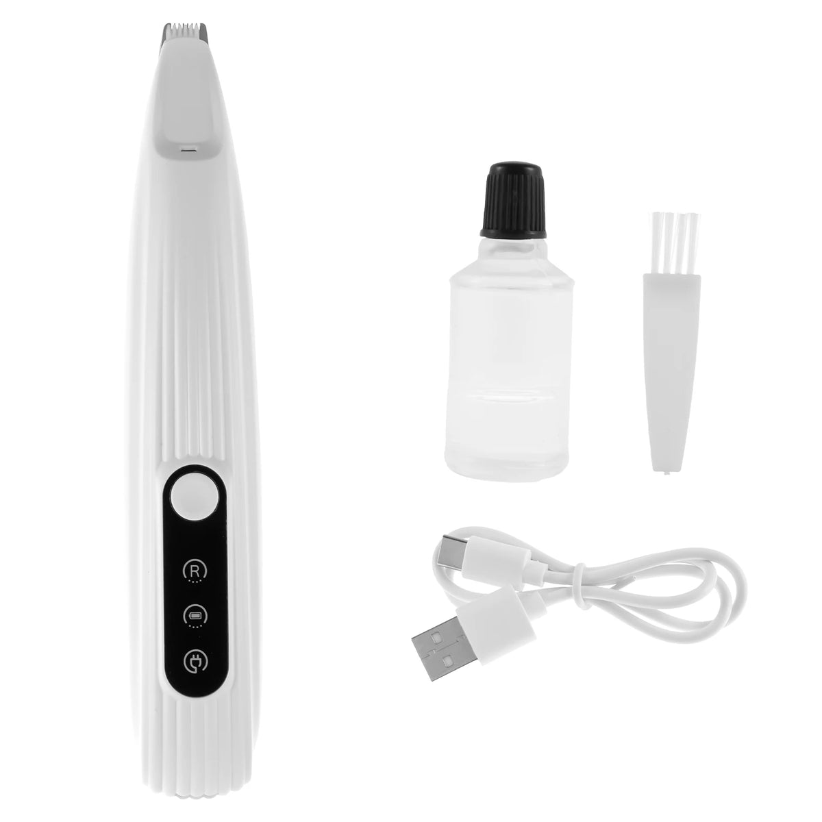White electronic device with black buttons, a bottle, and USB cable on a white background
