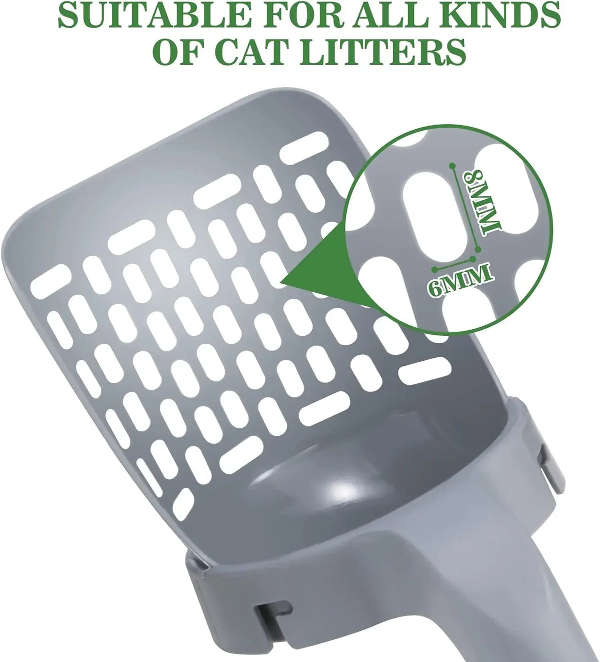 Cat litter scoop with grid pattern and brand logo on a white background