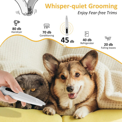 Dog and cat being groomed with a quiet grooming tool, surrounded by text on noise levels.