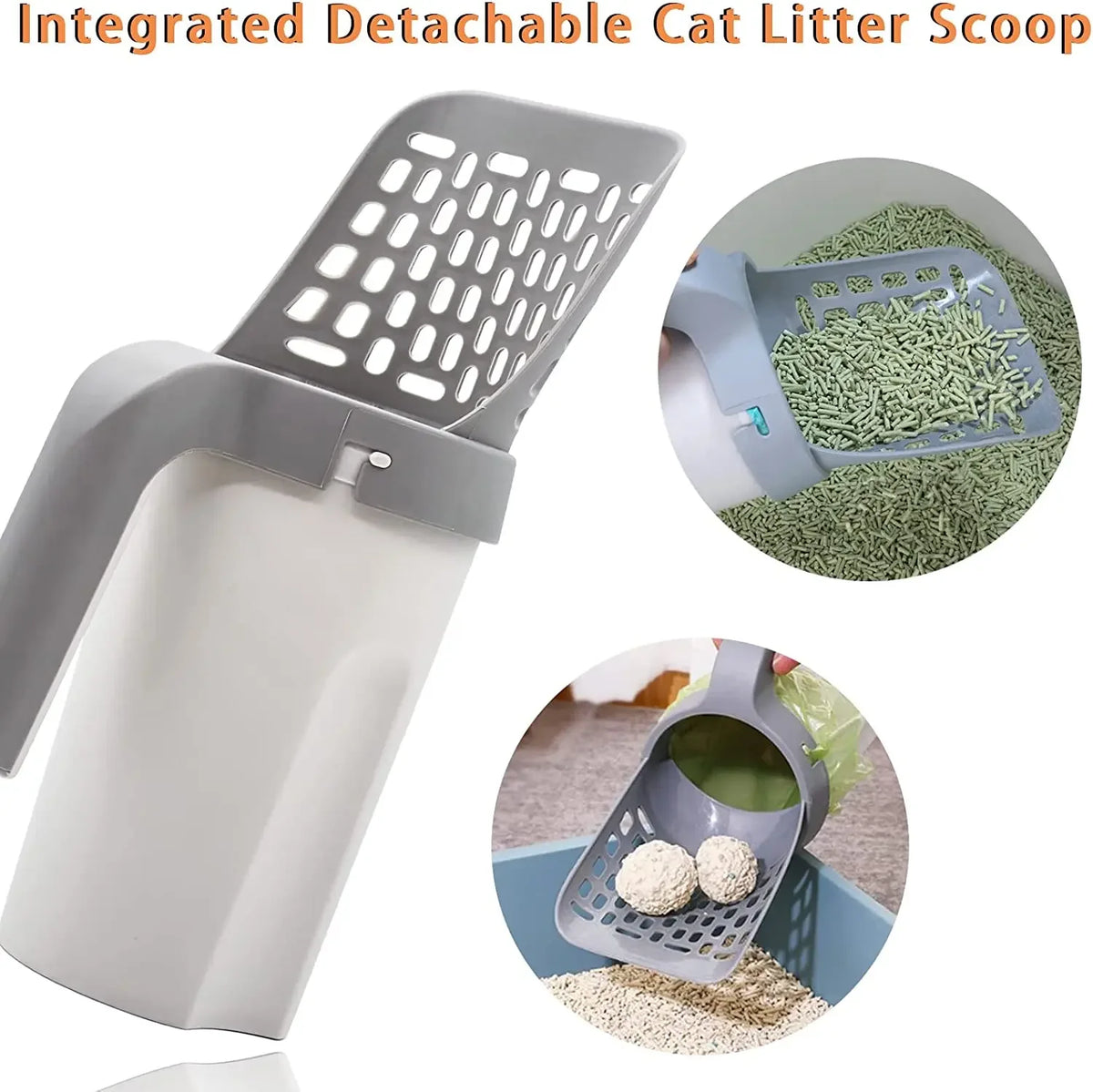 Cat litter scoop with detachable scoop and inset images of use