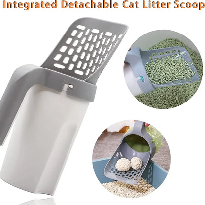 Cat litter scoop with detachable scoop and inset images of use