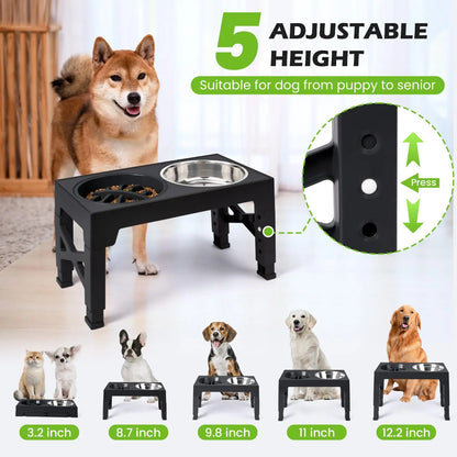 Elevated dog feeder with 5 adjustable height levels suitable for dogs from puppy to adult size