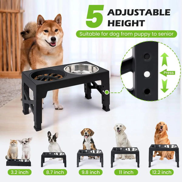 Elevated dog feeder with 5 adjustable height levels suitable for dogs from puppy to adult size