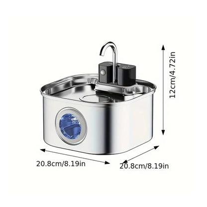 Stainless steel pet water bowl with dimensions on a white background
