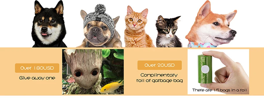 Group of dogs and cats with promotional text about a product giveaway and garbage bag offer.