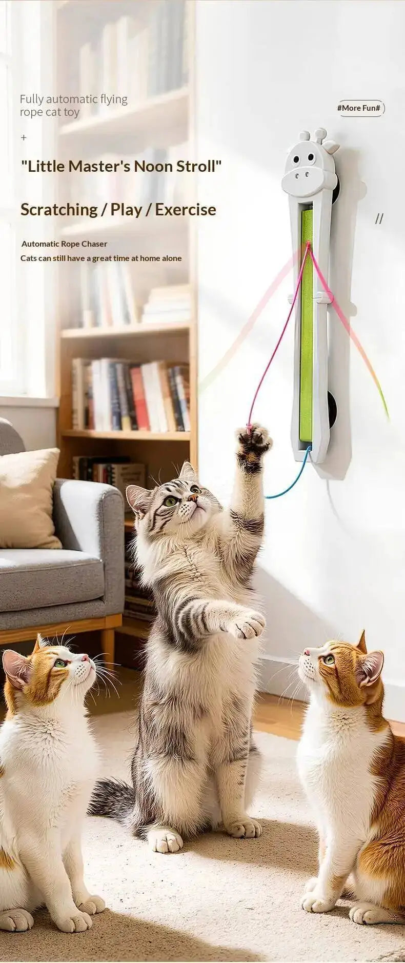 Three cats interacting with a wall-mounted cat toy in a bright living room. The toy is a vertical white pole with a giraffe head topper and dangling colored ribbon strands.