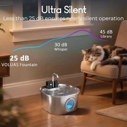 VOLUAS fountain with a cat in a home setting, highlighting its ultra-silent operation.