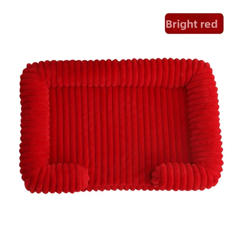 Red textured pet bed on a white background with 'Bright red' label.