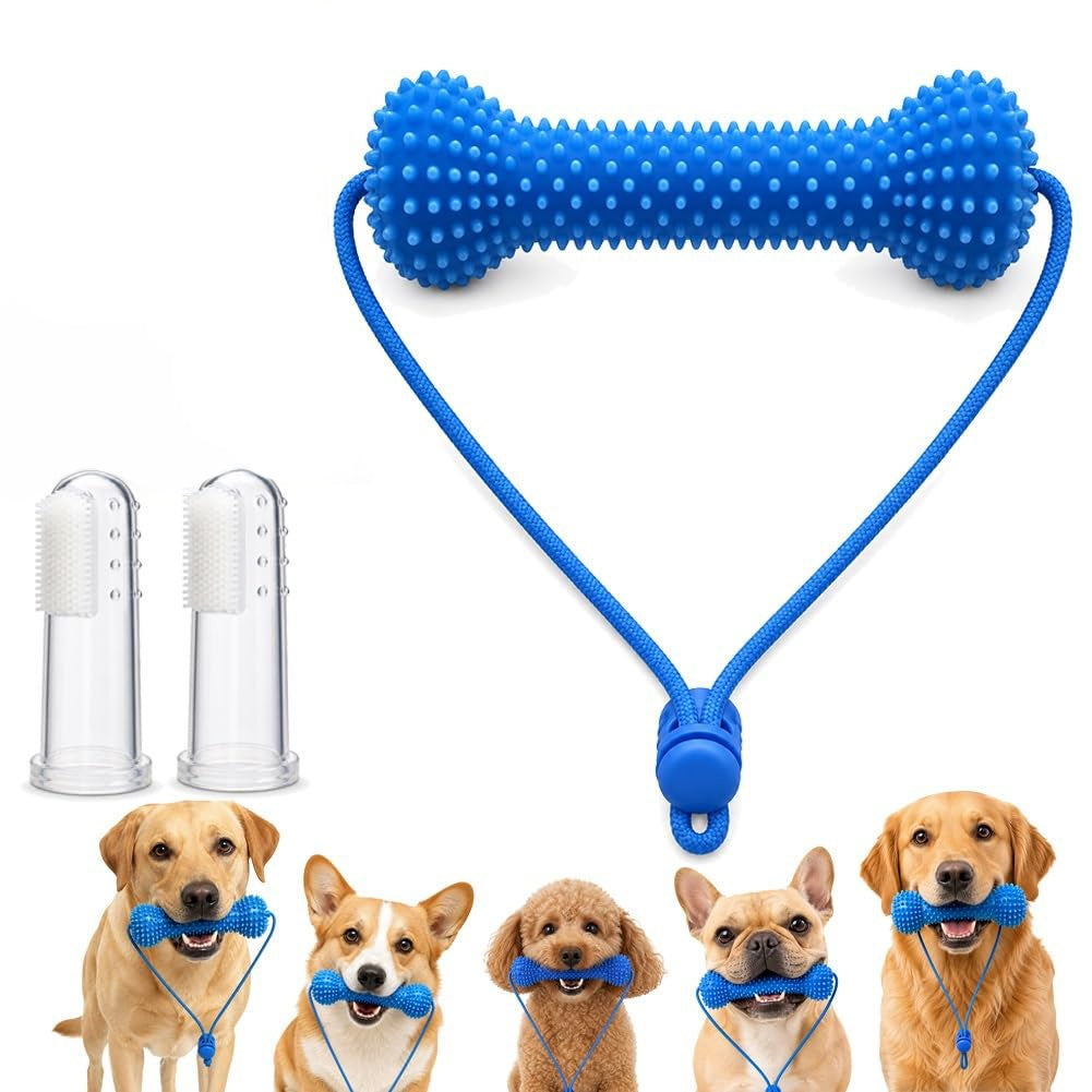 Blue silicone dog chew toy with a rope handle and two clear protective covers, shown on a white background with five small dog photos along the bottom demonstrating the toy.