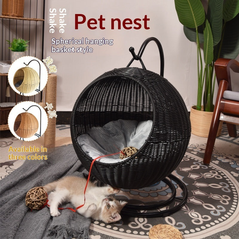 Spherical Hanging Cat Nest – Detachable Washable Rattan Basket Pet Bed