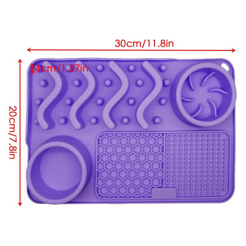 Purple silicone mat with textured design and measurements on a white background