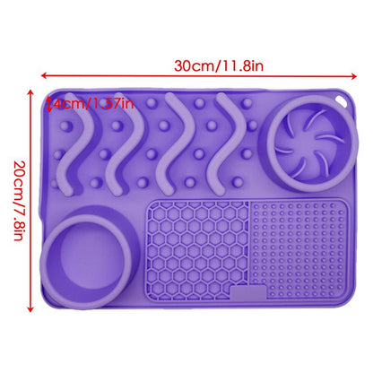 Purple silicone mat with textured design and measurements on a white background