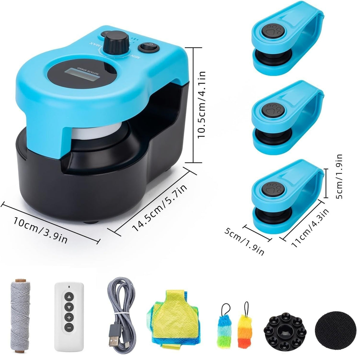 Blue and black device with measurement details and accessories on a white background