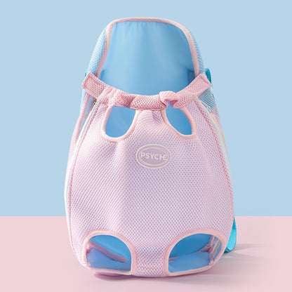 Pink and blue baby romper with 'PSYCHE' branding on a light blue background
