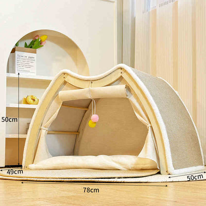 Pet bed with dimensions on a wooden floor