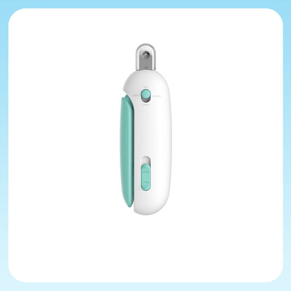 White and teal electronic device on a light blue background