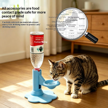 A cat drinking water from a blue automatic pet water fountain with a clear water bottle, shown on a wooden floor with a magnifying glass graphic highlighting safe materials.