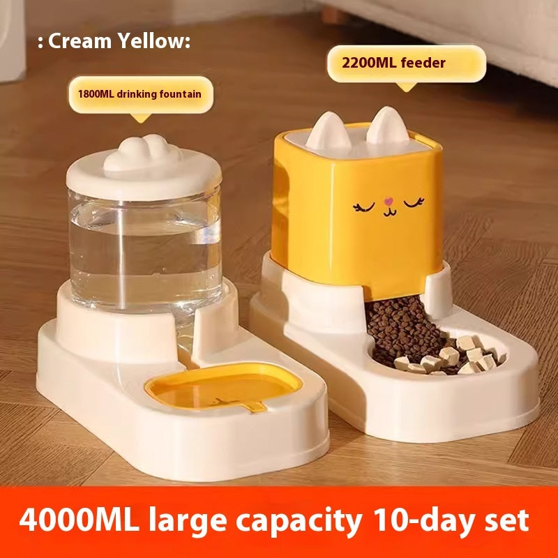 Pet water fountain and feeder set on a wooden floor with text indicating capacity and features.