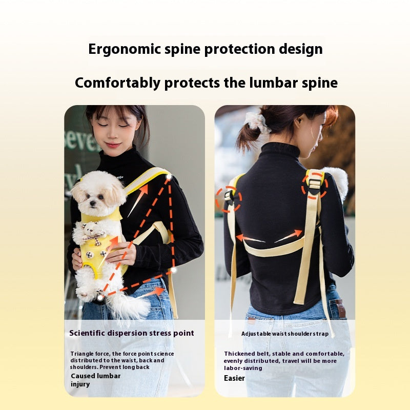 Person holding a dog with a back support belt, highlighting ergonomic design and spine protection.