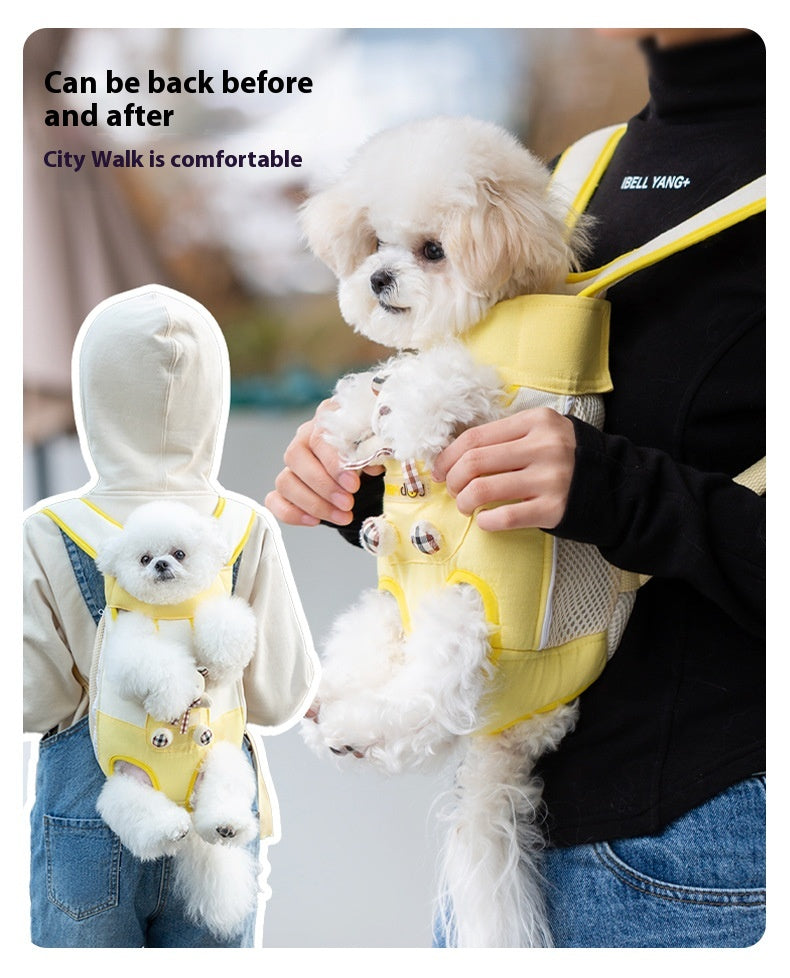 Two people carrying small dogs in yellow pet carriers with text about comfort.