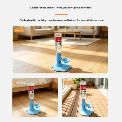 A pet water bottle feeder and holder shown in three indoor home settings: a long room, a bedroom, and a balcony. The product consists of a light blue plastic base with a central opening and a clear plastic water bottle inserted upside down.