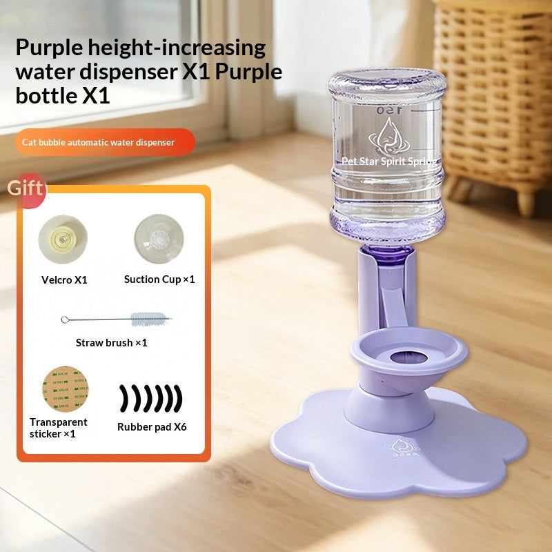 Purple height-increasing water dispenser with a clear water bottle, shown on a wooden floor with an inset detailing included accessories.