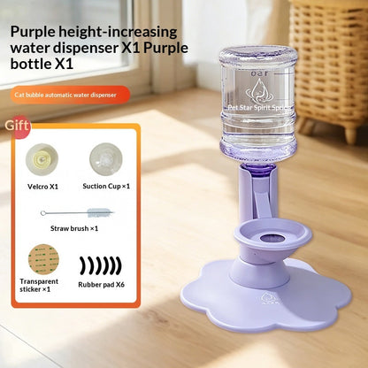 Purple height-increasing water dispenser with a clear water bottle, shown on a wooden floor with an inset detailing included accessories.
