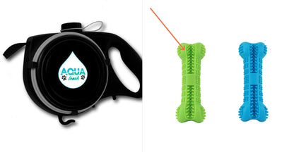 A split image showing a black retractable pet leash with a water droplet-shaped Aqua Leak logo on the left, and two bone-shaped dog toys, one green and one blue, on the right, all on a white background.