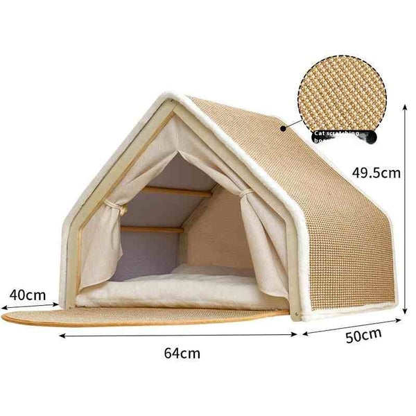 Beige pet bed with dimensions and a close-up of the material on a white background