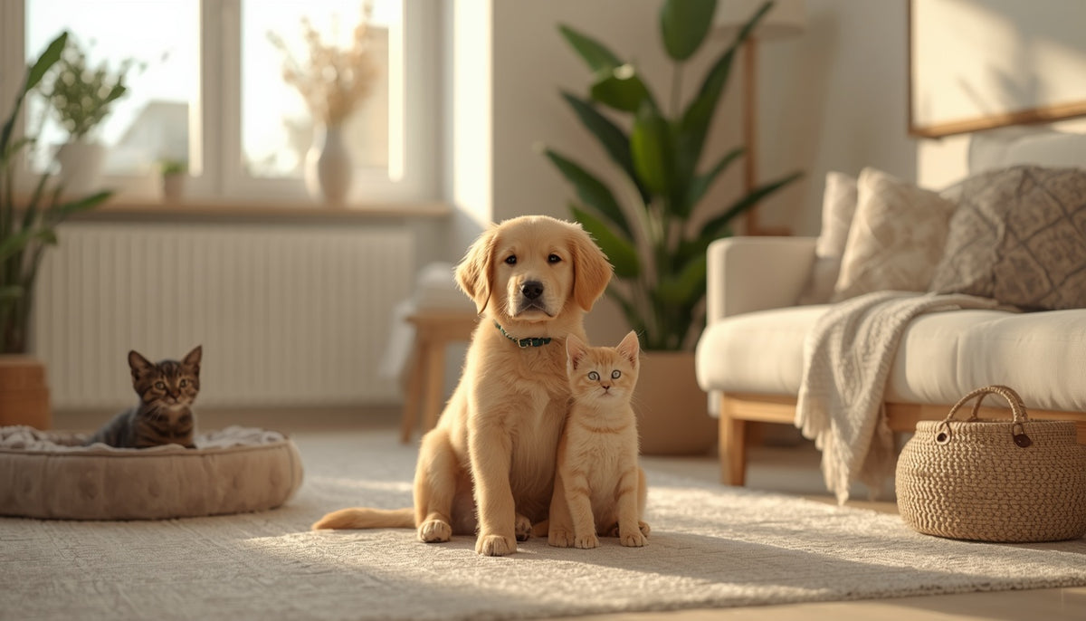 A golden retriever puppy and a tabby kitten sit together on a light beige rug in a bright, modern living room. A small cat rests in a pet bed to the left, and a cozy sofa, plants, and a woven basket are visible in the background.